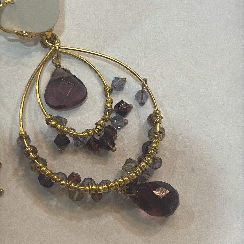 NWT‎ Gold Plated Australian Purple Crystal Double Hopped Earrings - Picture 3 of 4